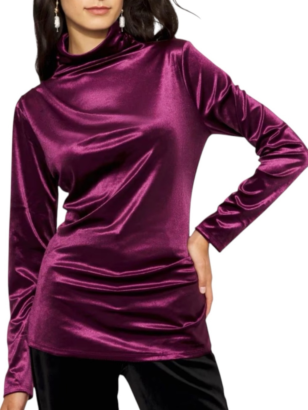 NWT WHITE HOUSE BLACK MARKET Plum Long Sleeve Ruched Neck Velvet Top Size Medium